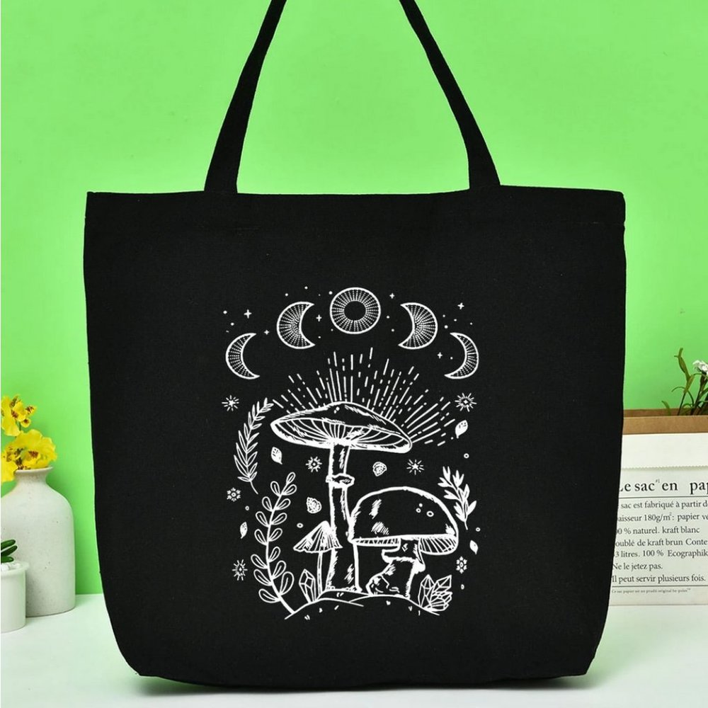 Black & White Mushroom Moon Phase Print Tote Bag